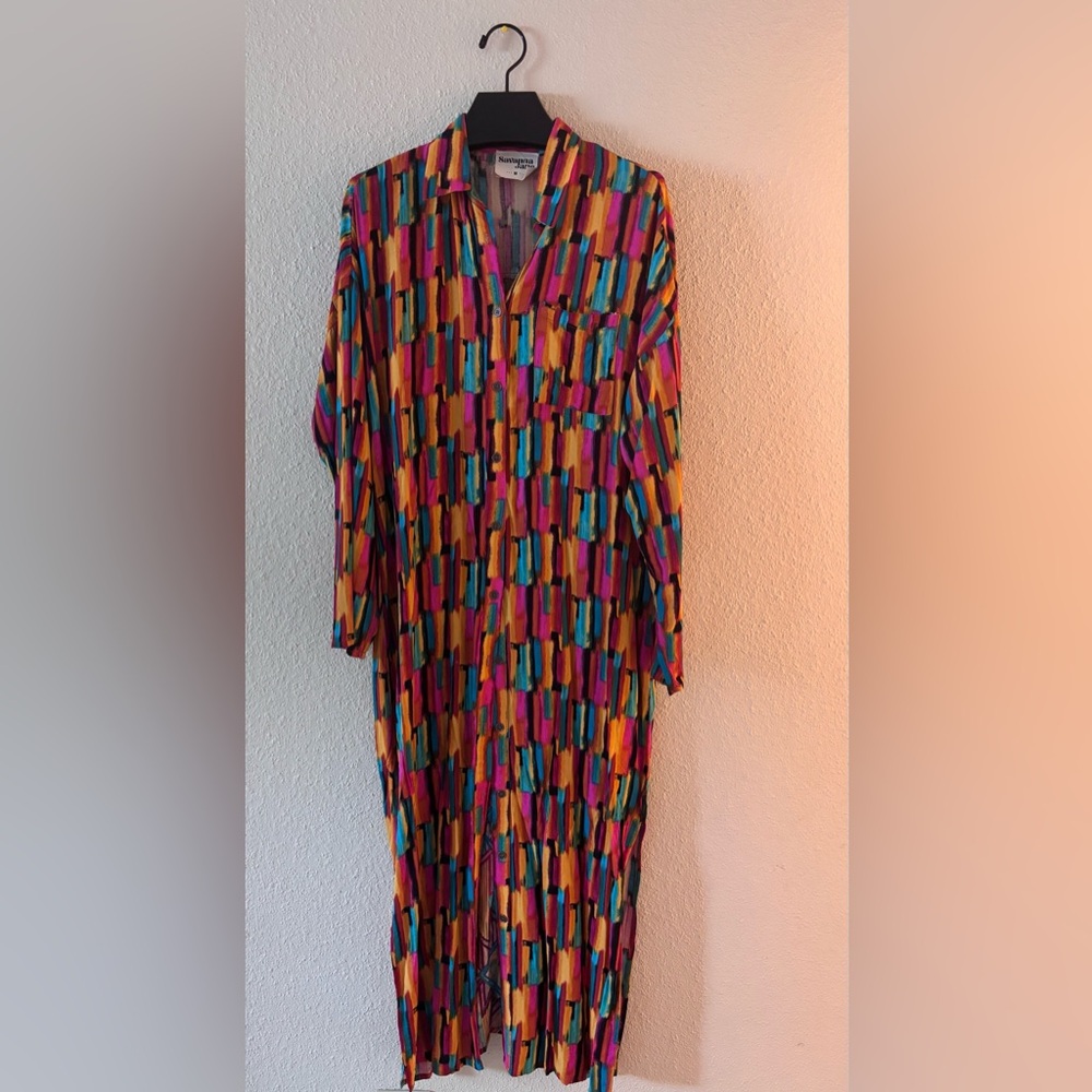 Savanna Jane Bohemian Shirt Maxi Dress Back Embroidery M